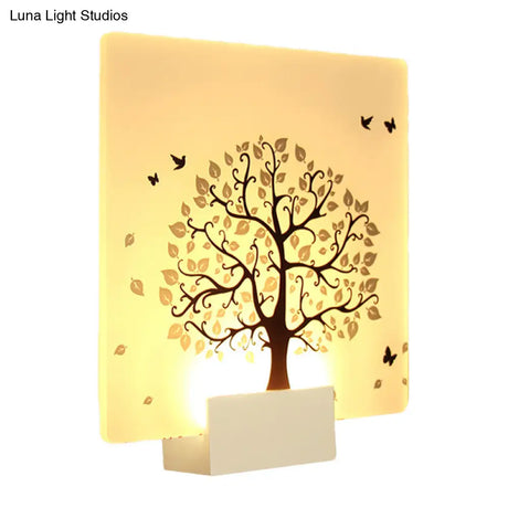 Nordic Style Led Acrylic Wall Mural Lamp - White Square Tree And Bird Light For Living Room