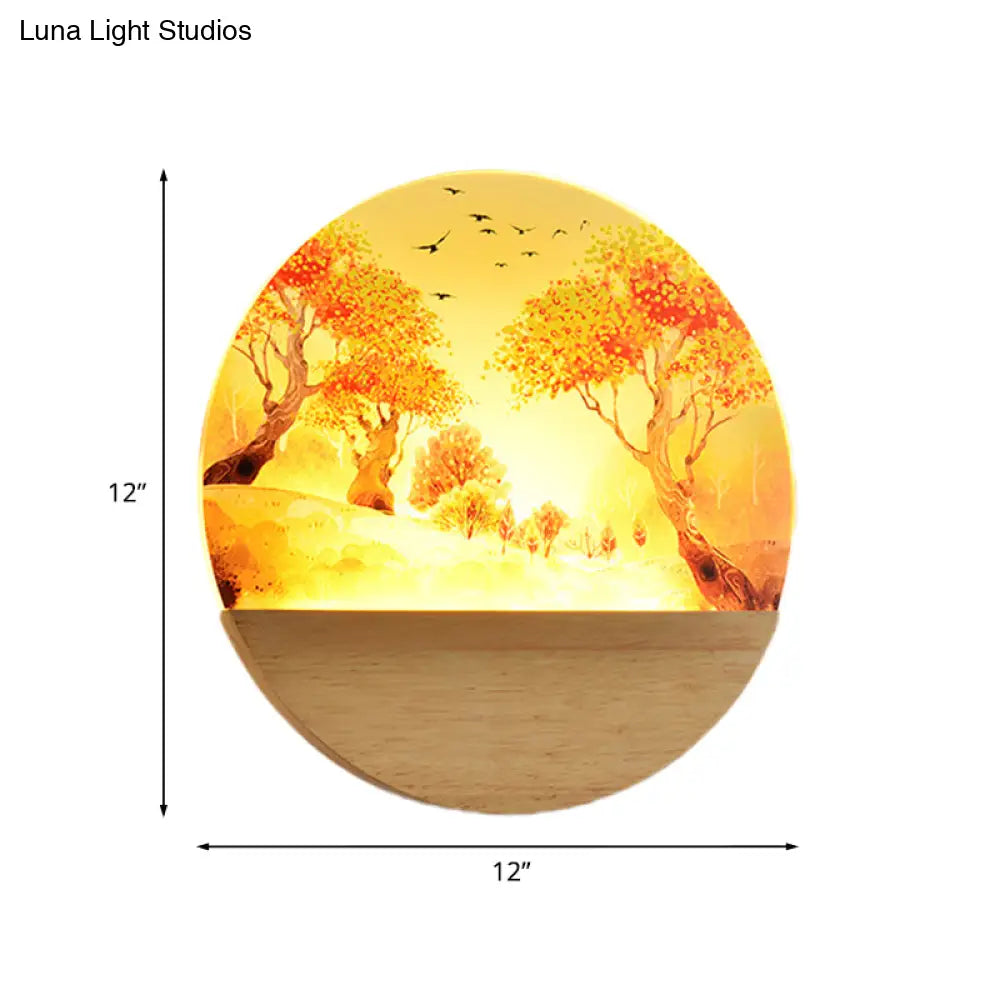 Nordic Style Led Wood Wall Mural Light - Acrylic Circular Autumn Trees Lighting For Corridor