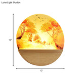 Nordic Style Led Wood Wall Mural Light - Acrylic Circular Autumn Trees Lighting For Corridor