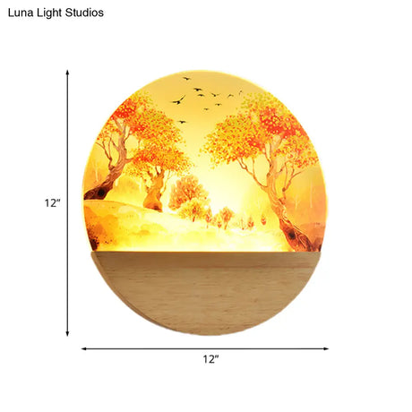 Nordic Style Led Wood Wall Mural Light - Acrylic Circular Autumn Trees Lighting For Corridor