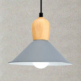 Nordic Style Metal Cone Pendant Light With Wooden Bulb Base For Office - 1 Head Hanging Grey