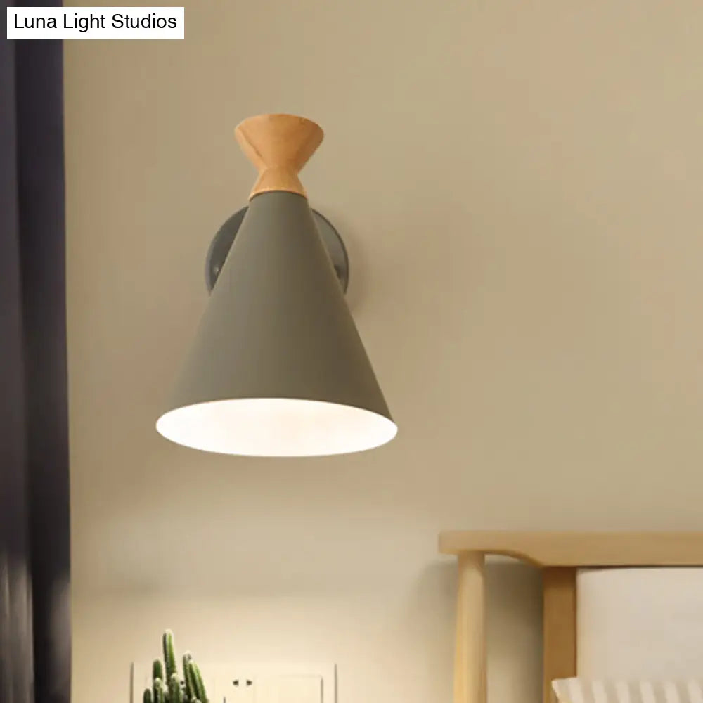 Nordic Style Metal Cone Shade Wall Light: 1-Light Rotatable Bedside Reading Lamp In Blue Green Grey