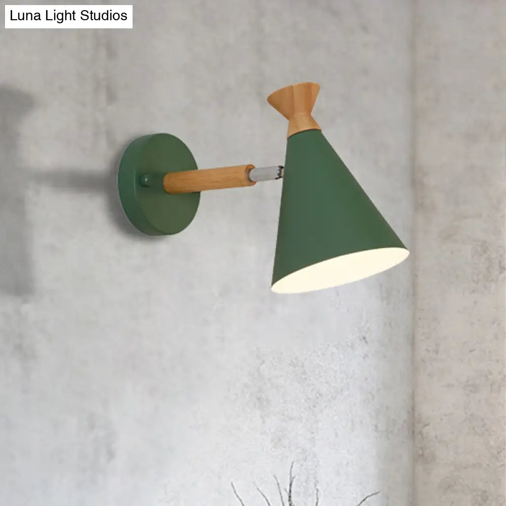 Nordic Style Metal Cone Shade Wall Light: 1-Light Rotatable Bedside Reading Lamp In Blue Green Grey