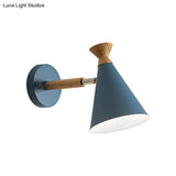 Nordic Style Metal Cone Shade Wall Light: 1-Light Rotatable Bedside Reading Lamp In Blue Green Grey