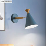 Nordic Style Metal Cone Shade Wall Light: 1-Light Rotatable Bedside Reading Lamp In Blue Green Grey