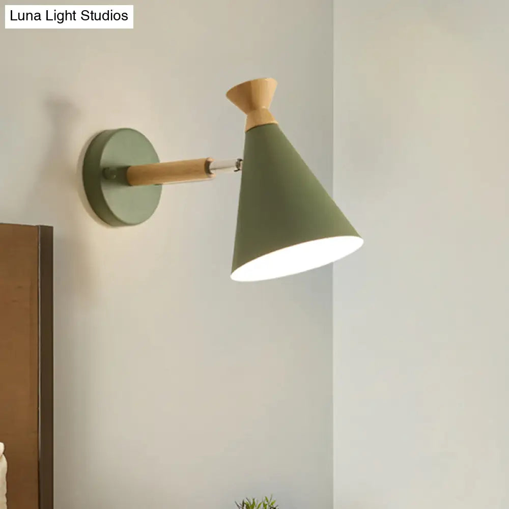 Nordic Style Metal Cone Shade Wall Light: 1-Light Rotatable Bedside Reading Lamp In Blue Green Grey