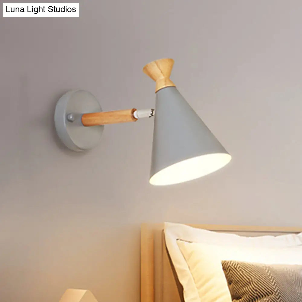 Nordic Style Metal Cone Shade Wall Light: 1-Light Rotatable Bedside Reading Lamp In Blue Green Grey