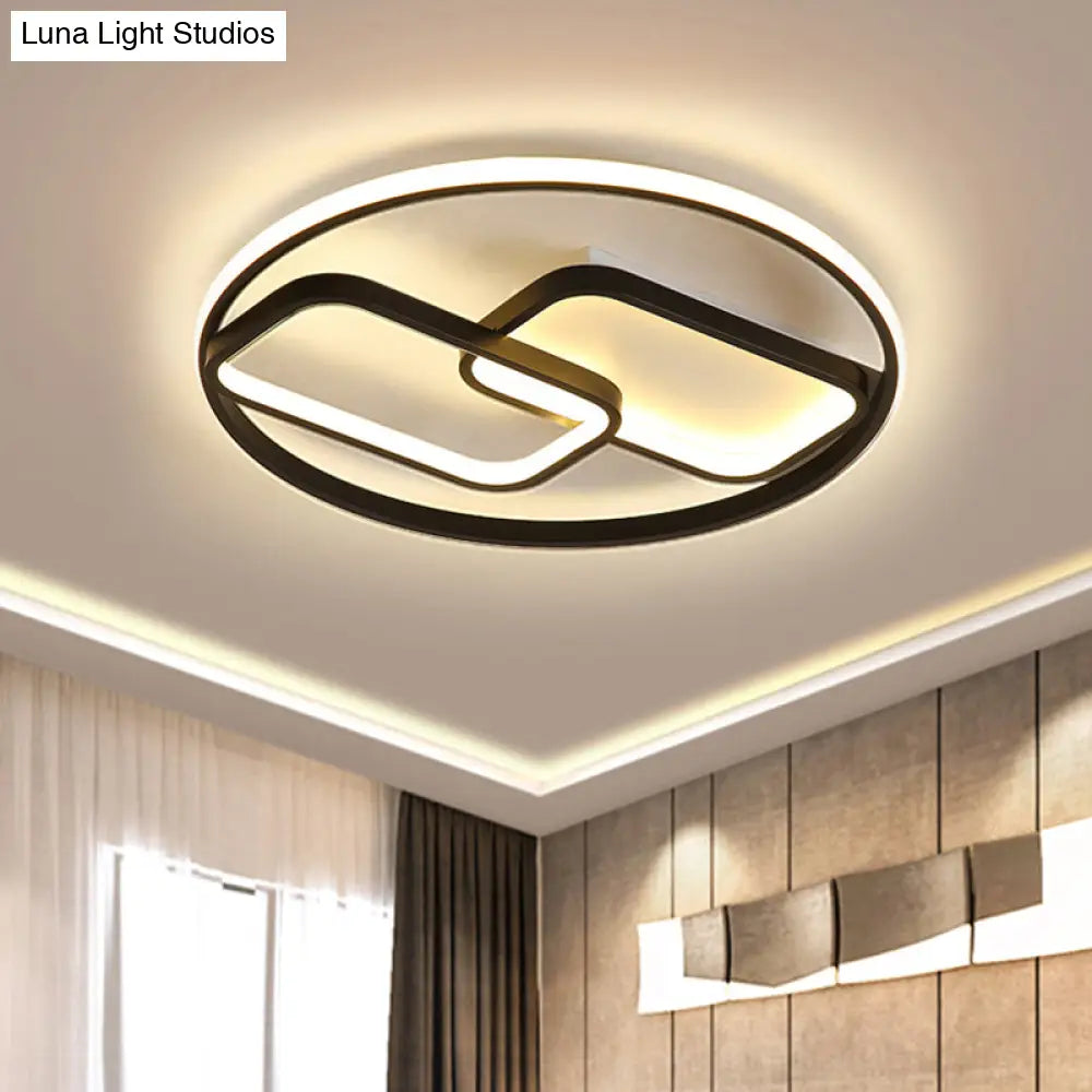 Nordic Style Metal Flush Mount Lamp - Ring And Rectangle Design Led Black Ceiling Light