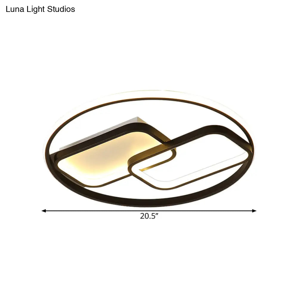Nordic Style Metal Flush Mount Lamp - Ring And Rectangle Design Led Black Ceiling Light