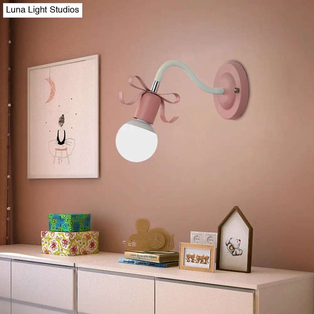 Nordic Style Metal Wall Lamp With Bow For Kindergarten - Single Head Bare Bulb Design