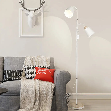 Nordic Style Metallic Standing Floor Lamp For Study Room - White Trumpet-Like Design 2 Bulbs