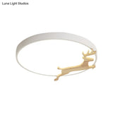 Nordic Style Round Flush Light With Running Deer Pattern - Acrylic Grey/White/Green & Wood Led
