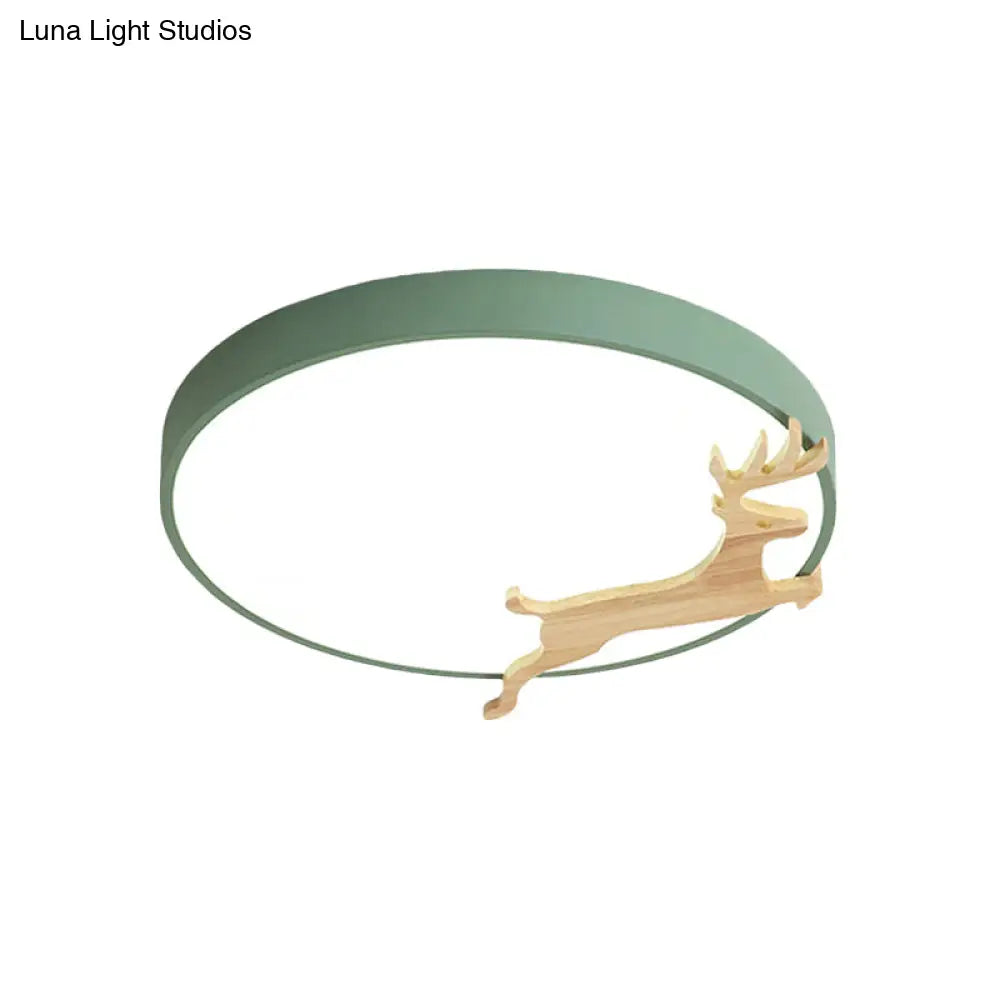 Nordic Style Round Flush Light With Running Deer Pattern - Acrylic Grey/White/Green & Wood Led