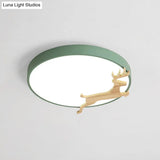 Nordic Style Round Flush Light With Running Deer Pattern - Acrylic Grey/White/Green & Wood Led