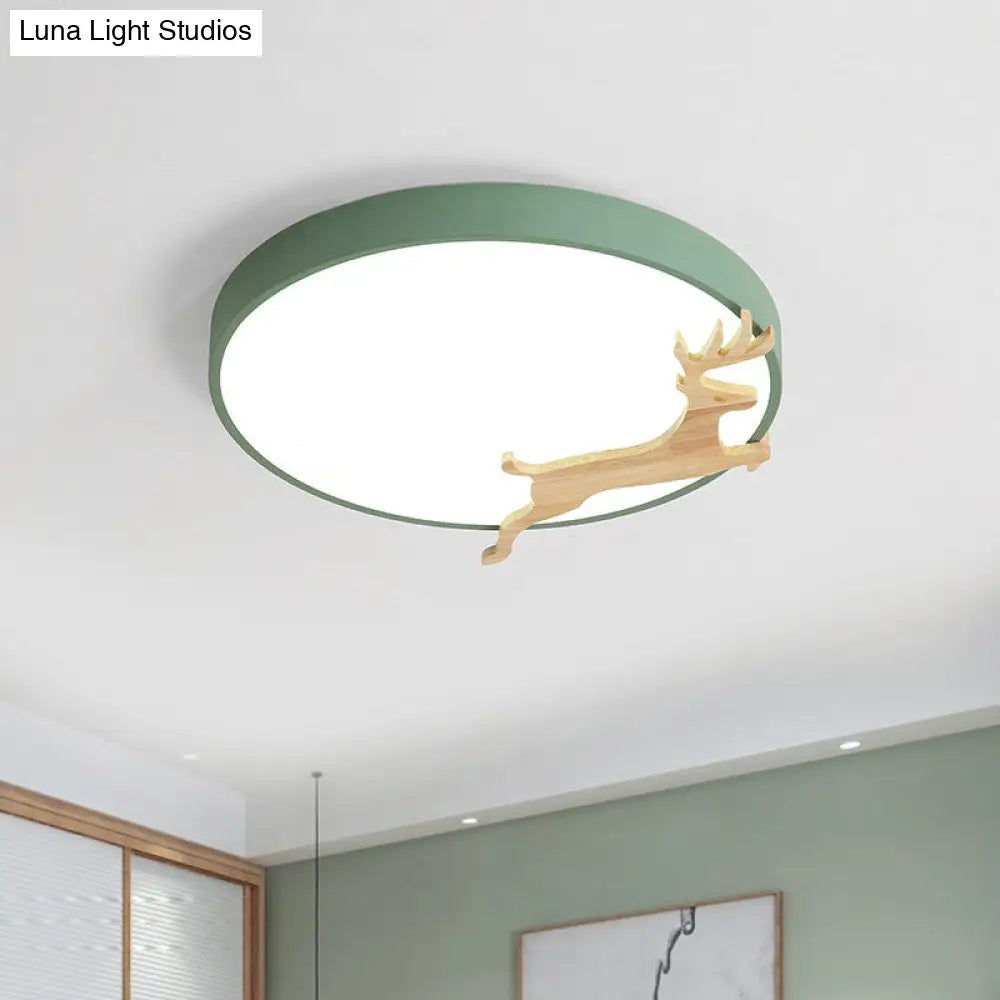 Nordic Style Round Flush Light With Running Deer Pattern - Acrylic Grey/White/Green & Wood Led