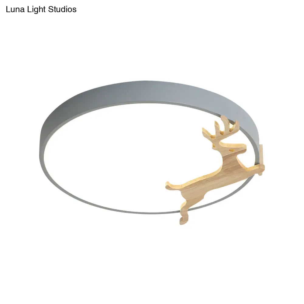 Nordic Style Round Flush Light With Running Deer Pattern - Acrylic Grey/White/Green & Wood Led