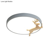 Nordic Style Round Flush Light With Running Deer Pattern - Acrylic Grey/White/Green & Wood Led