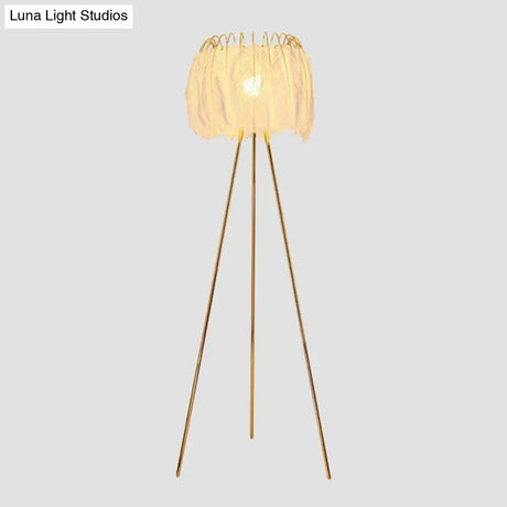 Nordic Style Tripod Floor Lamp With Feather Shade Metal Stand White