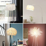 Nordic Style Tripod Floor Lamp With Feather Shade Metal Stand White