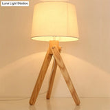 Nordic Style White Tapered Shade Night Lamp With Wood Telescope Stand