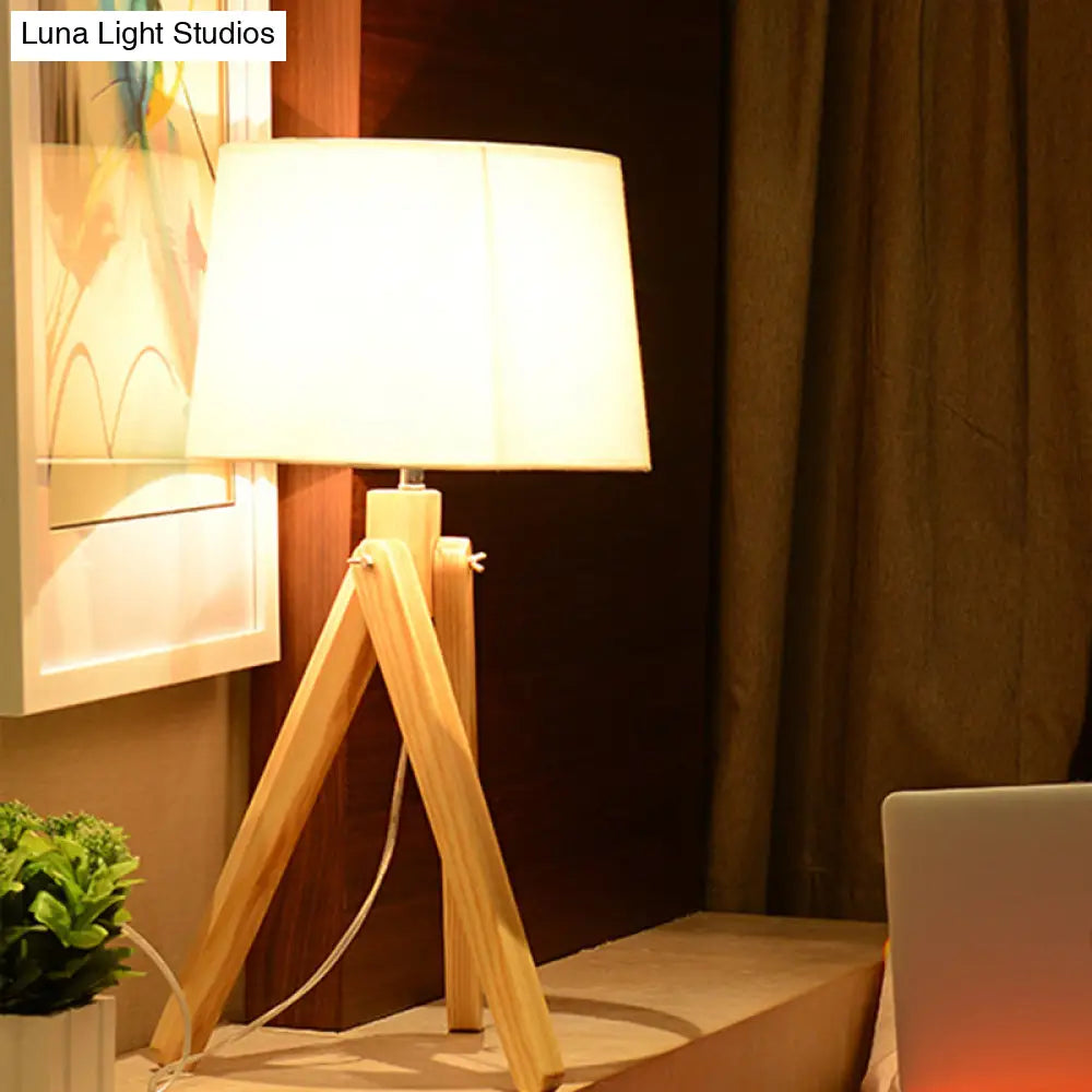 Nordic Style White Tapered Shade Night Lamp With Wood Telescope Stand