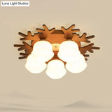 Nordic - Style Wood Flush Ceiling Light With Antler Design And White Glass Shade