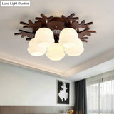 Nordic - Style Wood Flush Ceiling Light With Antler Design And White Glass Shade