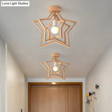 Nordic Style Wood Geometric Cage Flush Ceiling Light Fixture For Corridors