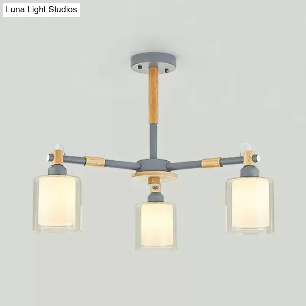 Nordic Style Wood & Glass Cylinder Chandelier With 3 Heads - Ideal Hanging Light For Hallway Or Kids