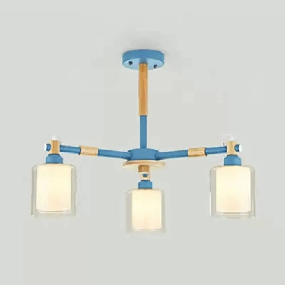 Nordic Style Wood & Glass Cylinder Chandelier With 3 Heads - Ideal Hanging Light For Hallway Or Kids