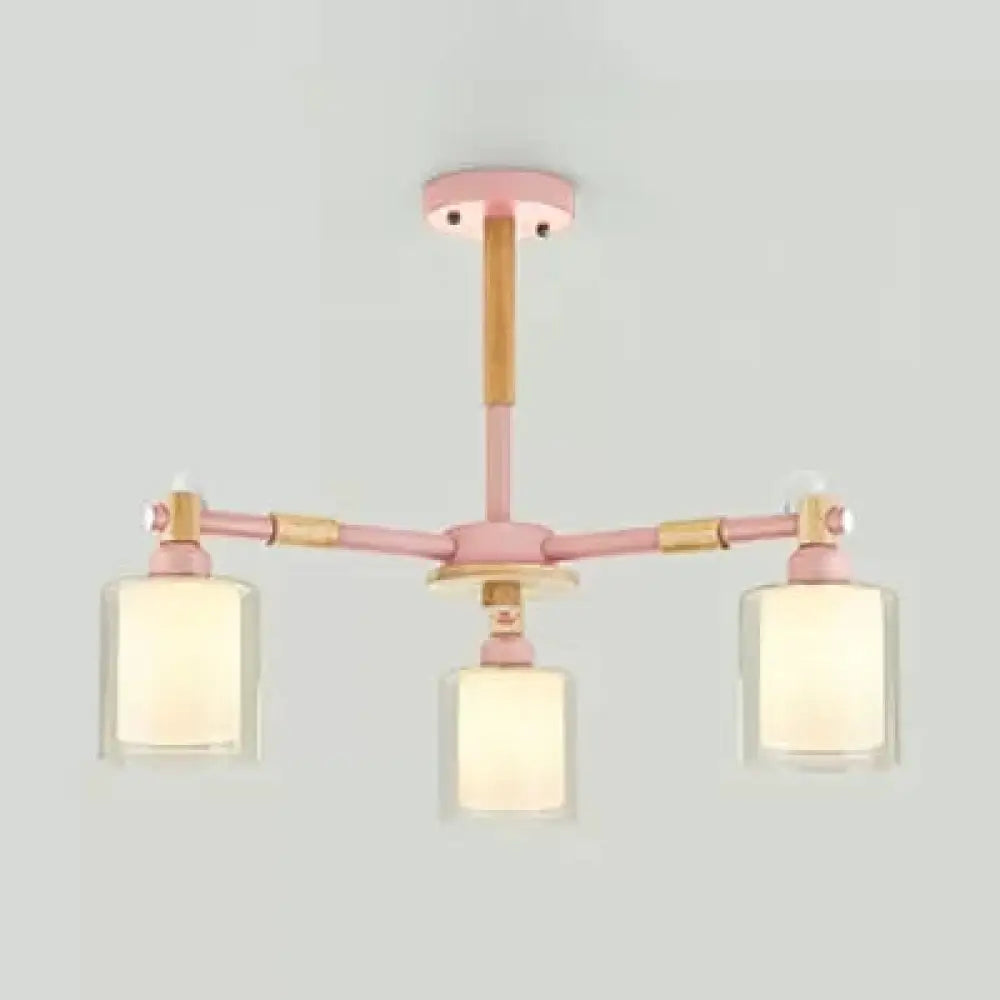 Nordic Style Wood & Glass Cylinder Chandelier With 3 Heads - Ideal Hanging Light For Hallway Or Kids