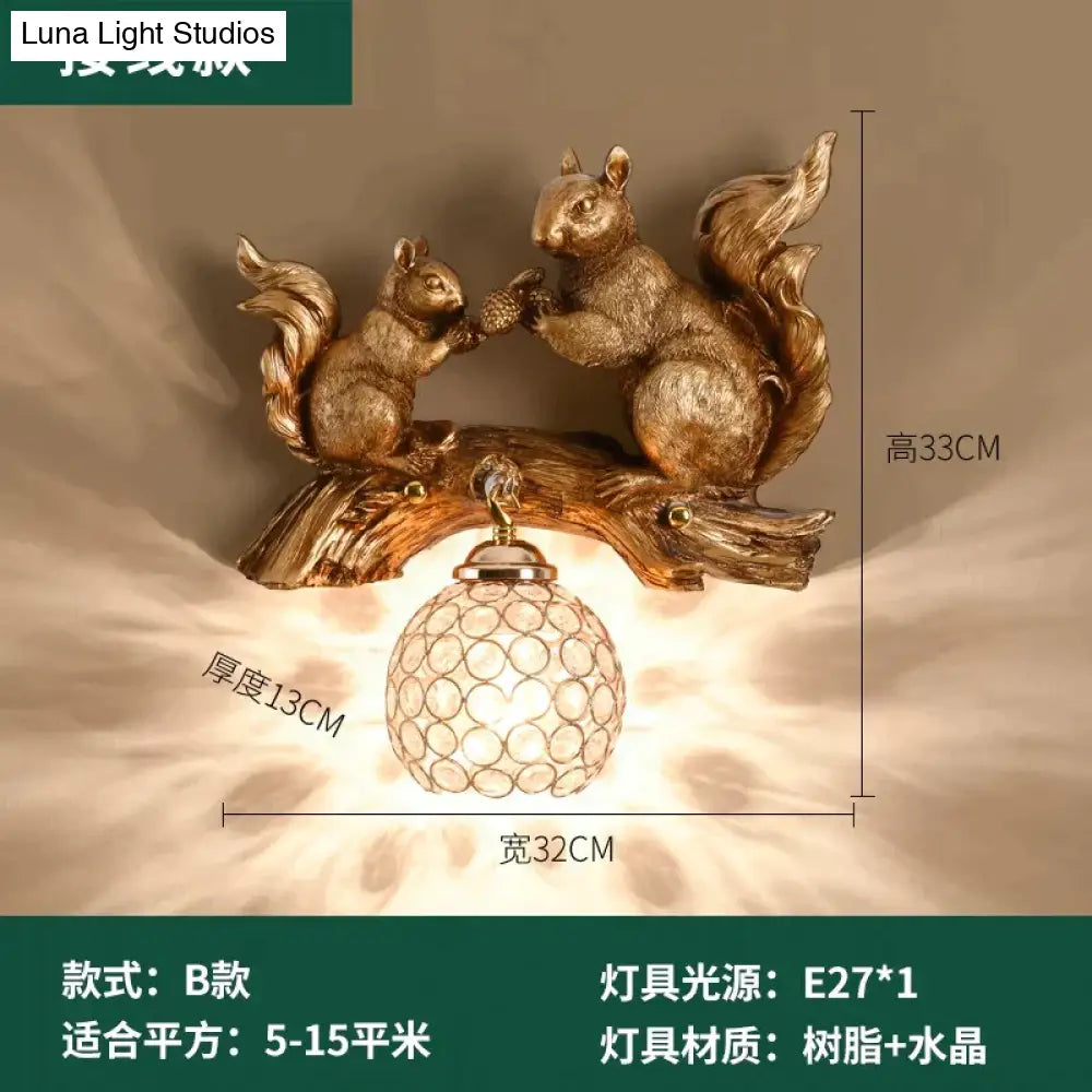Nordic Vintage Style Resin Squirrel Crystal Led Wall Lamp C