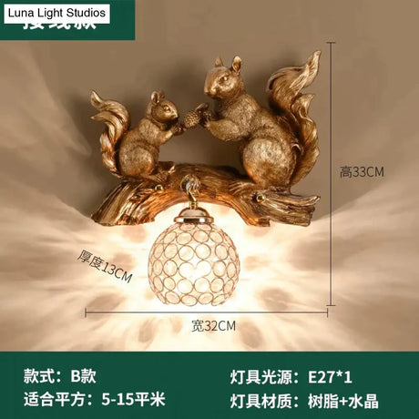 Nordic Vintage Style Resin Squirrel Crystal Led Wall Lamp C
