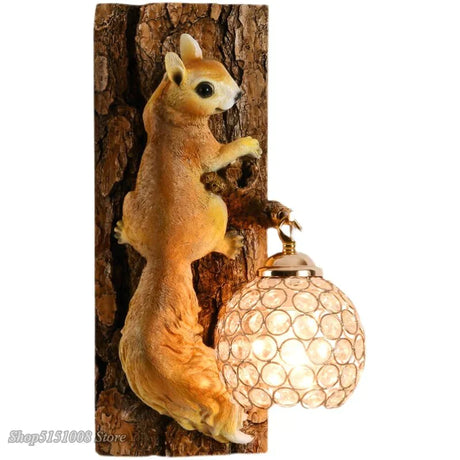 Nordic Vintage Style Resin Squirrel Crystal Led Wall Lamp