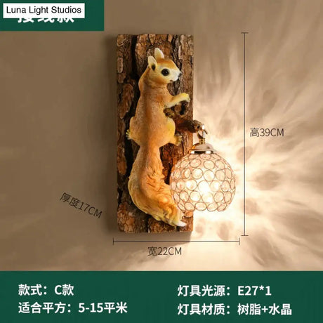 Nordic Vintage Style Resin Squirrel Crystal Led Wall Lamp A