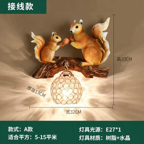Nordic Vintage Style Resin Squirrel Crystal Led Wall Lamp Squirrel B Wall Lamp