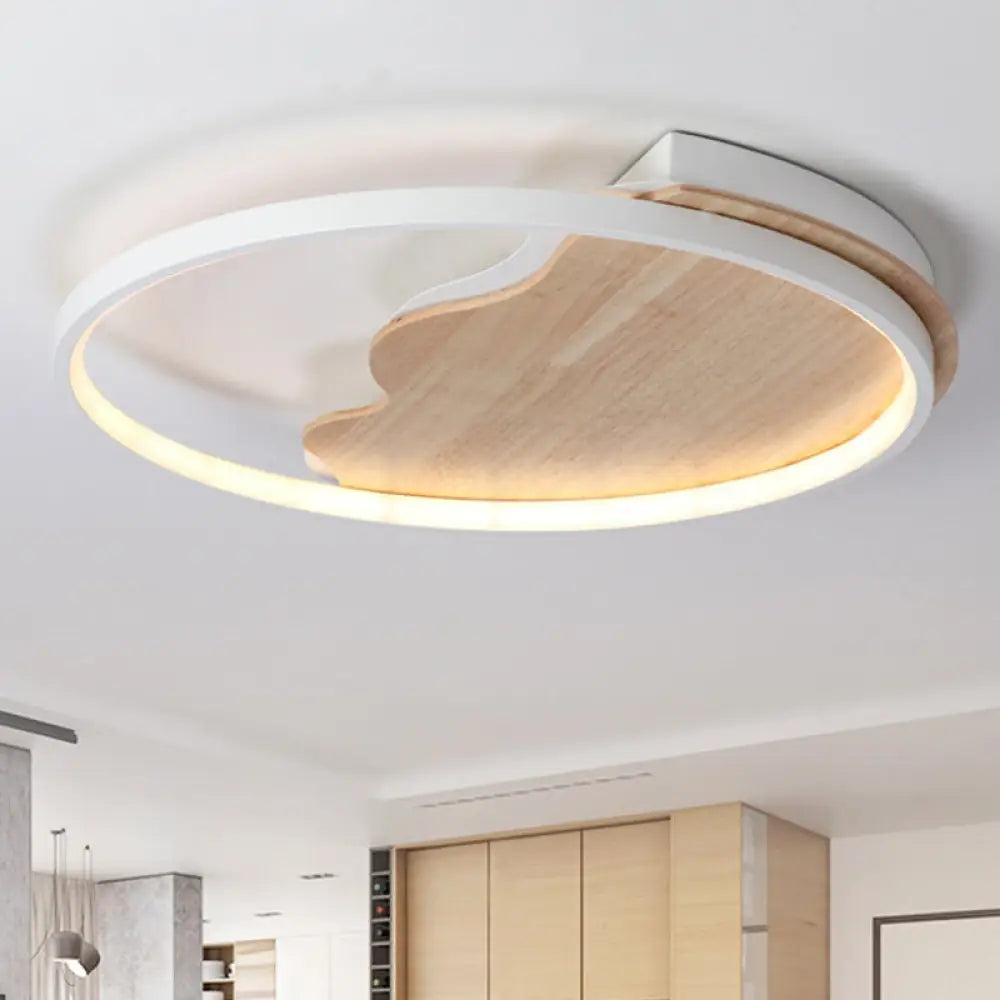 Nordic Wave Flush Ceiling Light With Wood Ring - White Fixture For Study Room / 16’