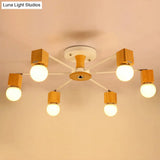 Nordic White And Beige Wooden Cube Semi Mount Flush Light With Open Bulb Design