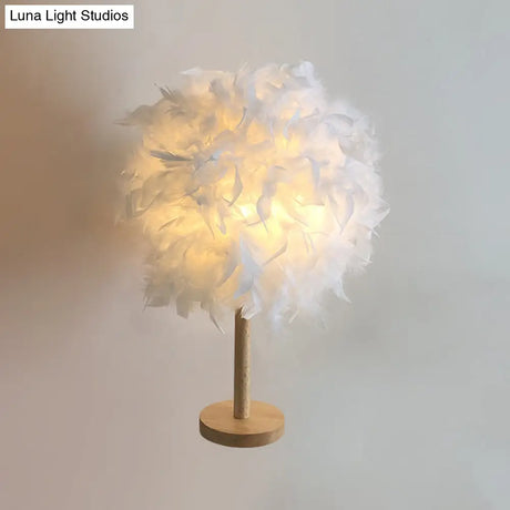 Nordic White Ball Nightstand Lamp With Feather Shade And Wood Base
