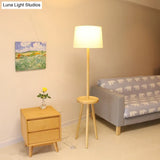 Nordic White Drum Floor Lamp With Tripod And Table - 1 Head Fabric Stand Up Lighting