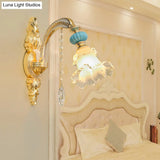 Nordic White Glass Flower Wall Mount Light With Crystal Drop - Gold Accent Ideal For Bedroom 1/2