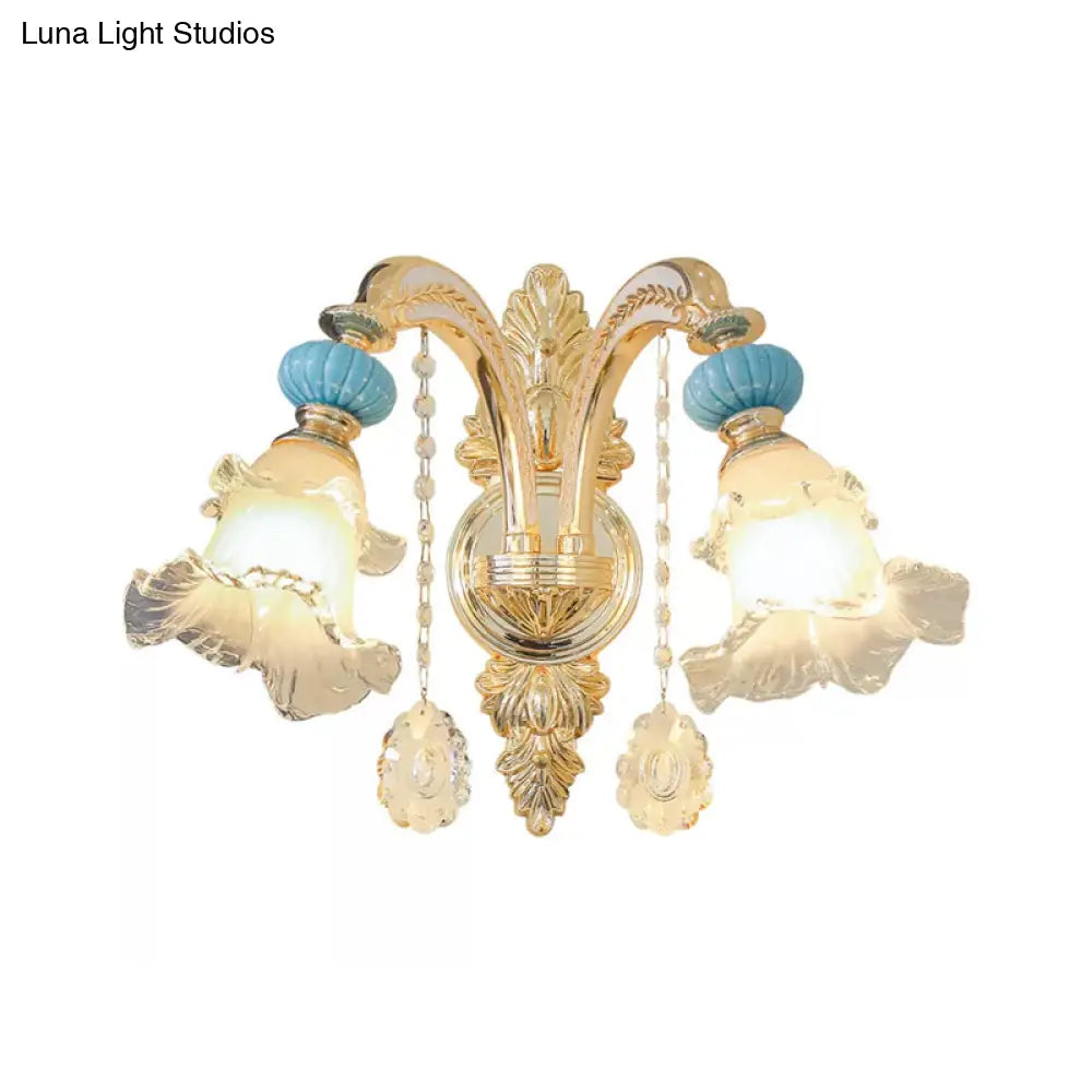 Nordic White Glass Flower Wall Mount Light With Crystal Drop - Gold Accent Ideal For Bedroom 1/2