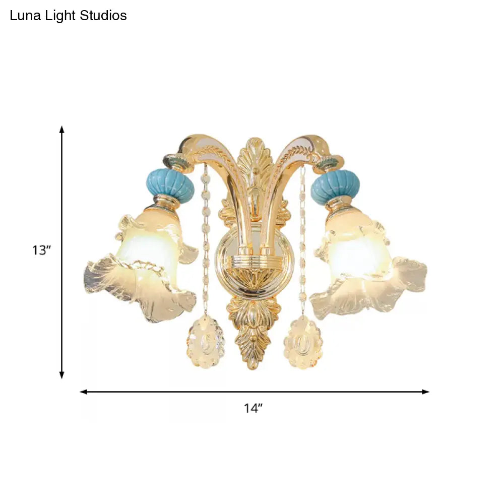 Nordic White Glass Flower Wall Mount Light With Crystal Drop - Gold Accent Ideal For Bedroom 1/2
