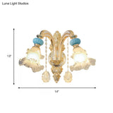 Nordic White Glass Flower Wall Mount Light With Crystal Drop - Gold Accent Ideal For Bedroom 1/2