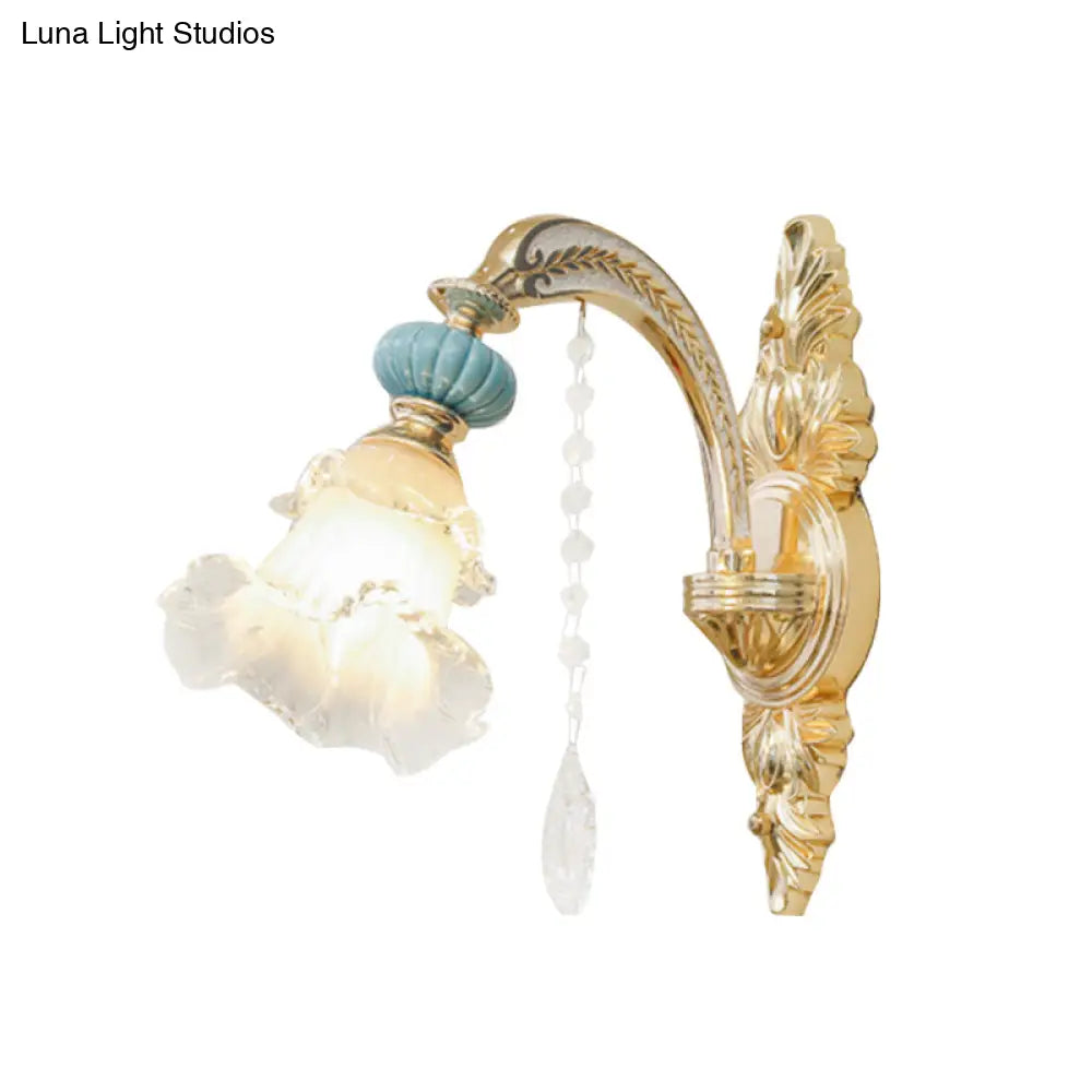 Nordic White Glass Flower Wall Mount Light With Crystal Drop - Gold Accent Ideal For Bedroom 1/2