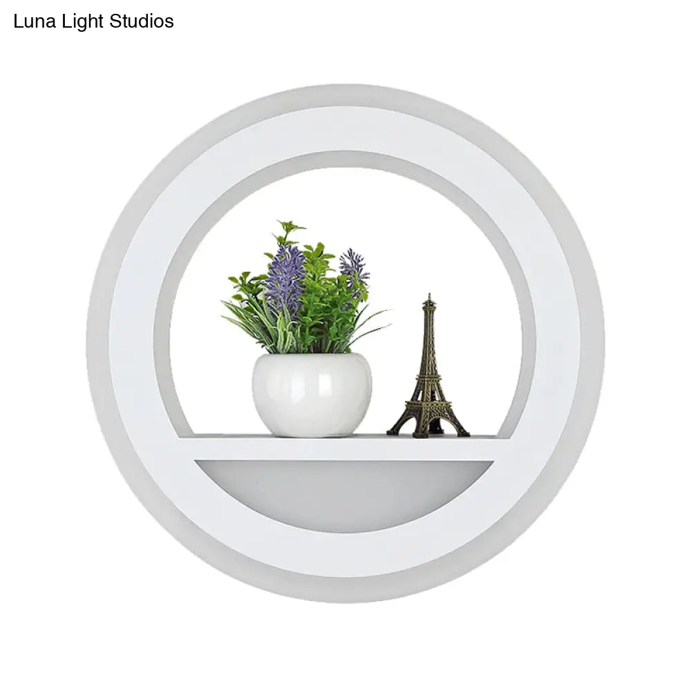 Nordic White Led Acrylic Halo Ring Wall Sconce Light Fixture With Shelf Design