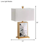Nordic White Marble Nightstand Lamp With Rectangular Design And Fabric Shade - 1 Bulb Lighting