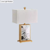 Nordic White Marble Nightstand Lamp With Rectangular Design And Fabric Shade - 1 Bulb Lighting