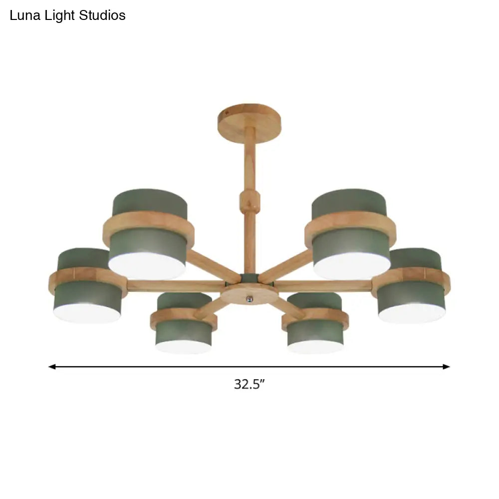 Nordic Wood Cylinder Chandelier - 6-Light Ceiling Pendant For Foyer And Cloth Shop