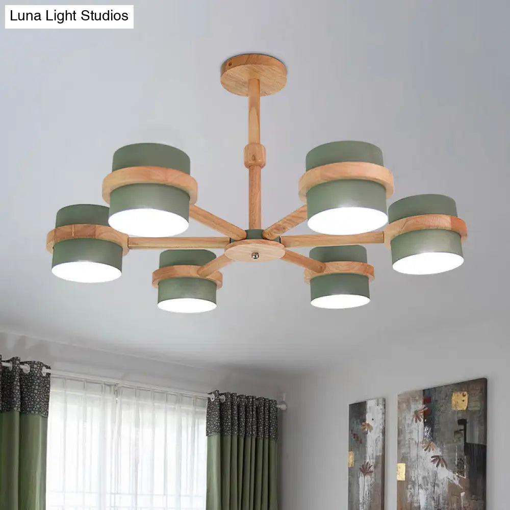 Nordic Wood Cylinder Chandelier - 6-Light Ceiling Pendant For Foyer And Cloth Shop